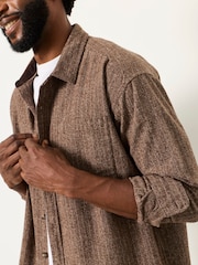 FatFace Brown Long Sleeve Relaxed Fit Herringbone Stripe Brushed Shirt - Image 5 of 7