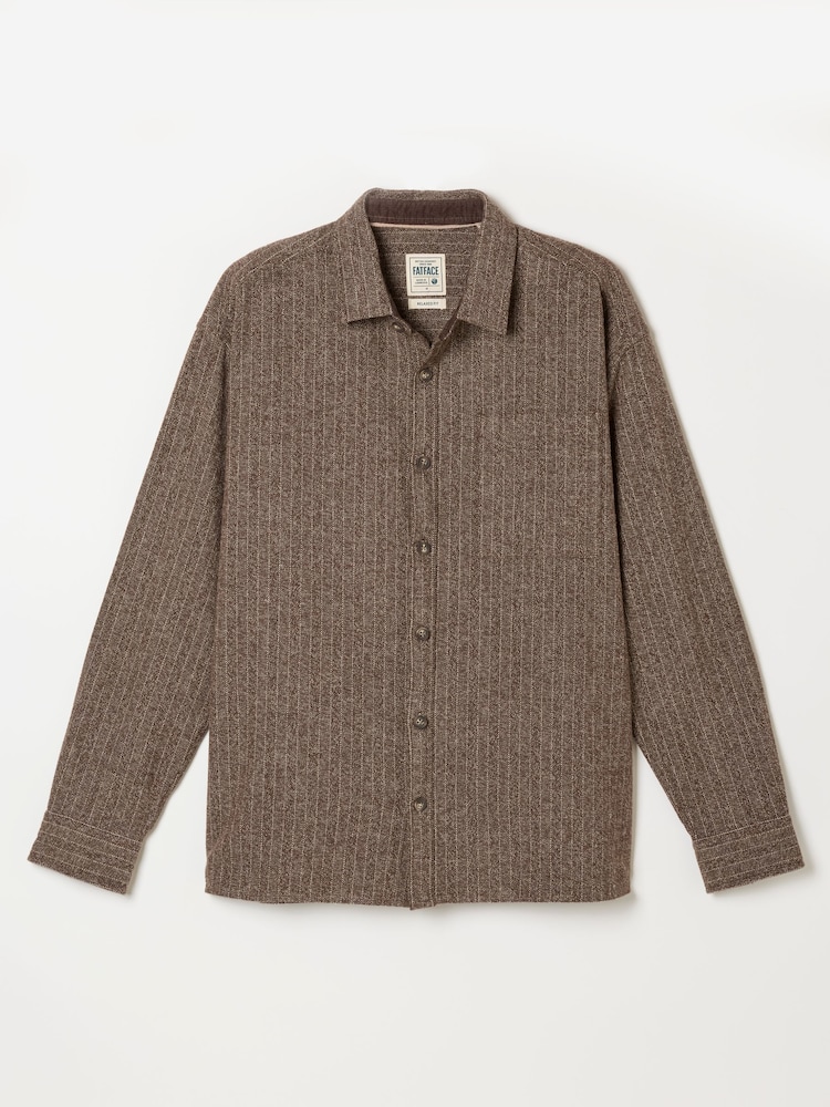 FatFace Brown Long Sleeve Relaxed Fit Herringbone Stripe Brushed Shirt - Image 7 of 7