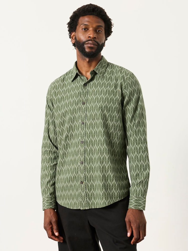 FatFace Dusky Green Long Sleeve Chambray Leaf Print Shirt - Image 2 of 5