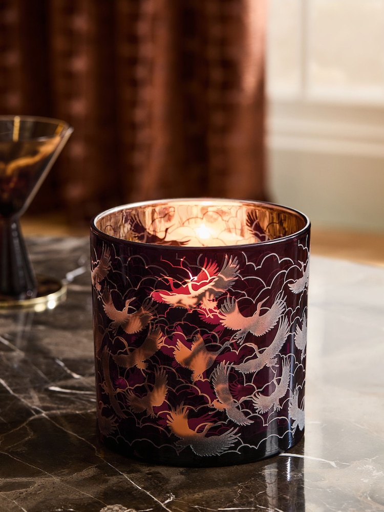 Purple Crane Birds Glass Hurricane - Image 1 of 4 Purple Crane Birds Glass Hurricane - Image 1 of 4
