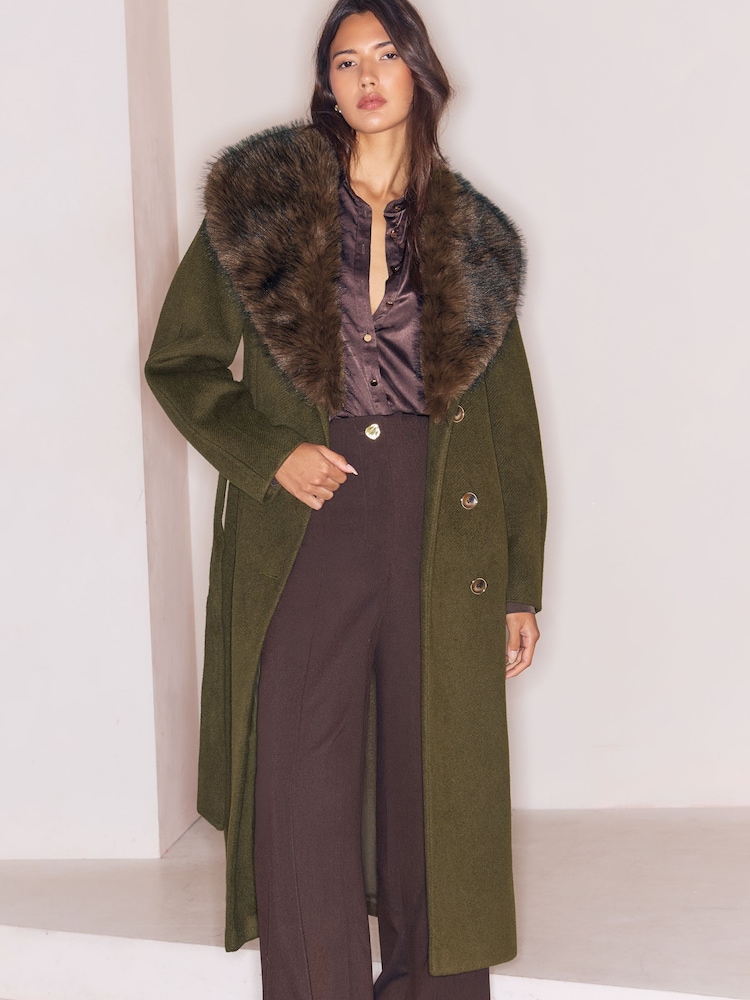 Lipsy Olive Green Fur Collar Longline Belted Coat - Image 1 of 6 Lipsy Olive Green Fur Collar Longline Belted Coat - Image 1 of 6