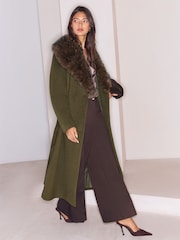 Lipsy Olive Green Fur Collar Longline Belted Coat - Image 4 of 6