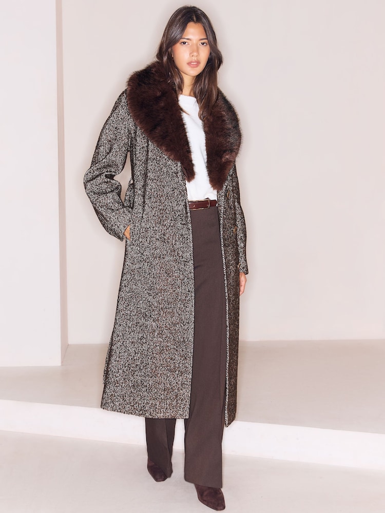 Lipsy Chocolate Brown Fur Collar Longline Belted Coat - Image 1 of 5