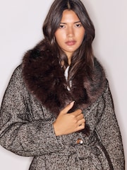 Lipsy Chocolate Brown Fur Collar Longline Belted Coat - Image 2 of 5