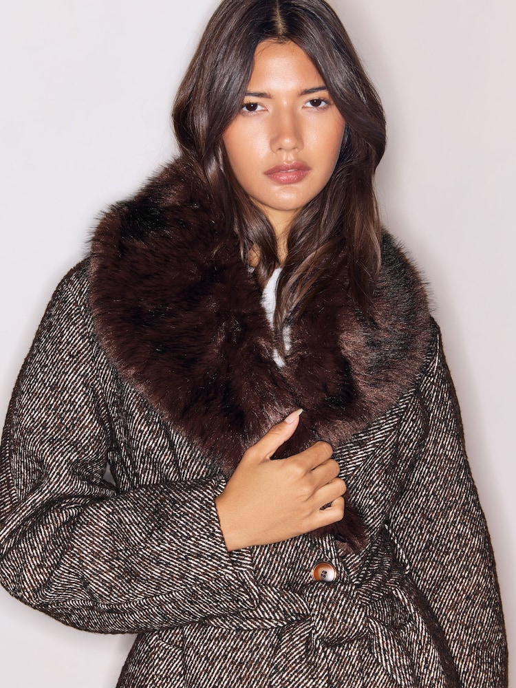 Lipsy Chocolate Brown Fur Collar Longline Belted Coat - Image 2 of 5