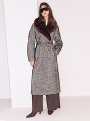 Lipsy Chocolate Brown Fur Collar Longline Belted Coat - Image 3 of 5