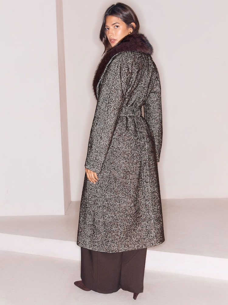 Lipsy Chocolate Brown Fur Collar Longline Belted Coat - Image 5 of 5