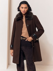 Lipsy Chocolate Brown Fur Collar Coat - Image 1 of 5