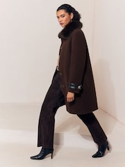 Lipsy Chocolate Brown Fur Collar Coat - Image 4 of 5