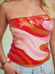Red/Pink Swirl Sequin Bandeau Top - Image 5 of 8