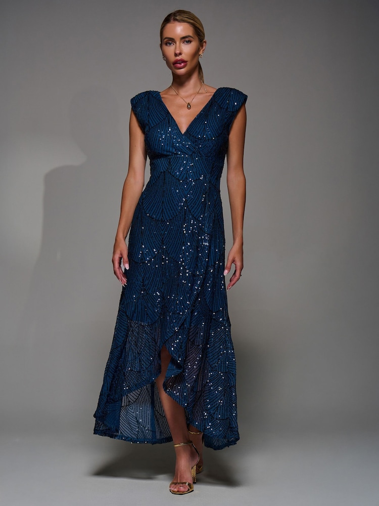 Jolie Moi Blue Sequin Asymmetric Ruffle Hem Maxi Dress - Image 1 of 6