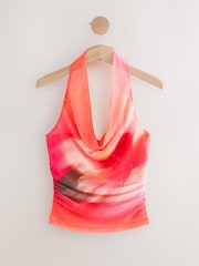Pink Hibiscus Mesh Sleeveless Halter Drape Neck Top - Image 6 of 8