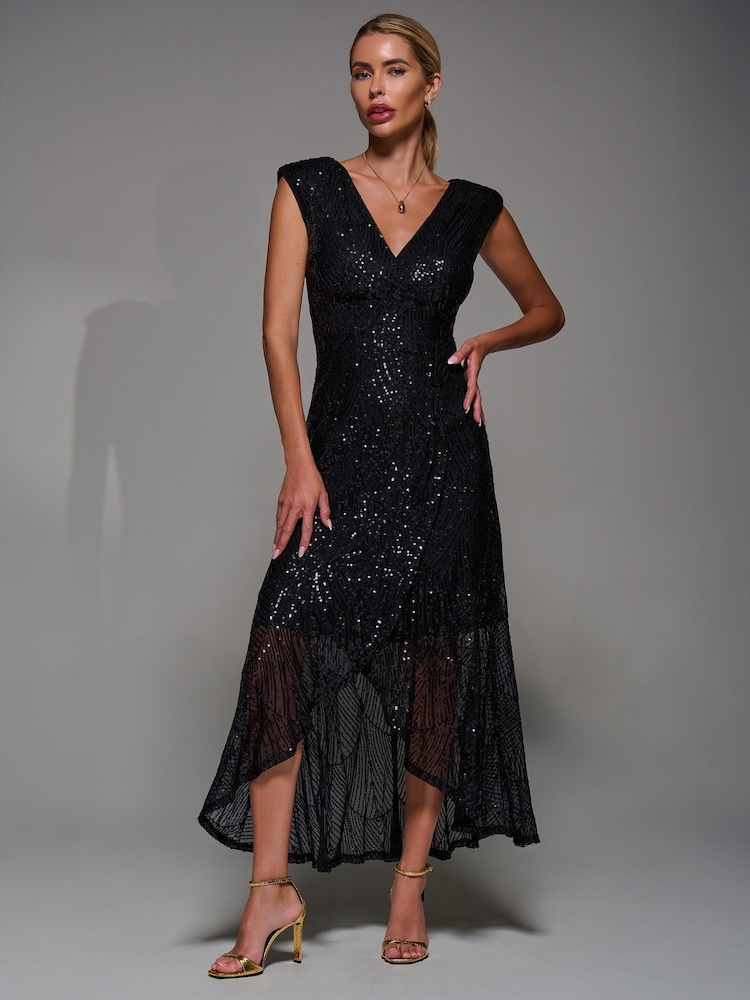 Womens Jolie Moi Black Ground Sequin Asymmetric Ruffle Hem Maxi Dress US 8 Womens Jolie Moi Black Ground Sequin Asymmetric Ruffle Hem Maxi Dress US 8