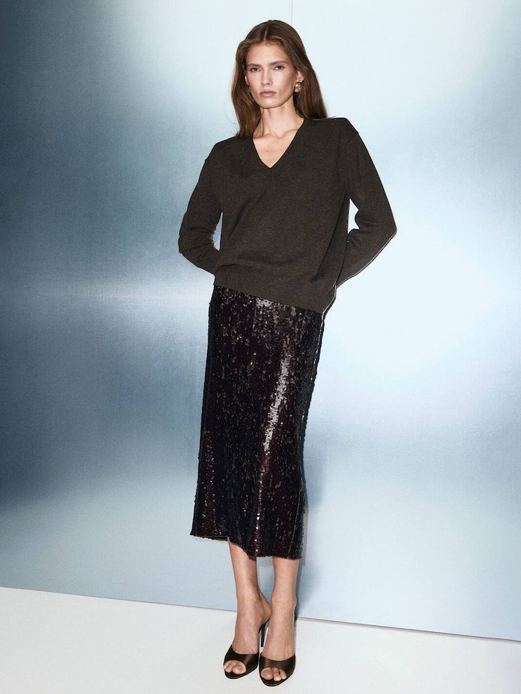 Mango Tan Brown V-Neck Knitted Jumper - Image 1 of 5