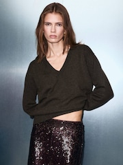 Mango Tan Brown V-Neck Knitted Jumper - Image 3 of 5