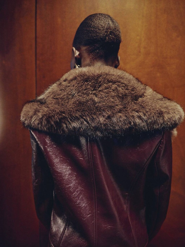 Mango Red Fur Leather Effect Jacket - Image 2 of 6