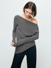 Mango Grey Asymmetric Button Detail Knitted Jumper - Image 1 of 6