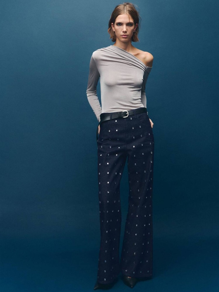 Mango Blue Embellished Wide Leg Jeans - Image 1 of 7 Mango Blue Embellished Wide Leg Jeans - Image 1 of 7