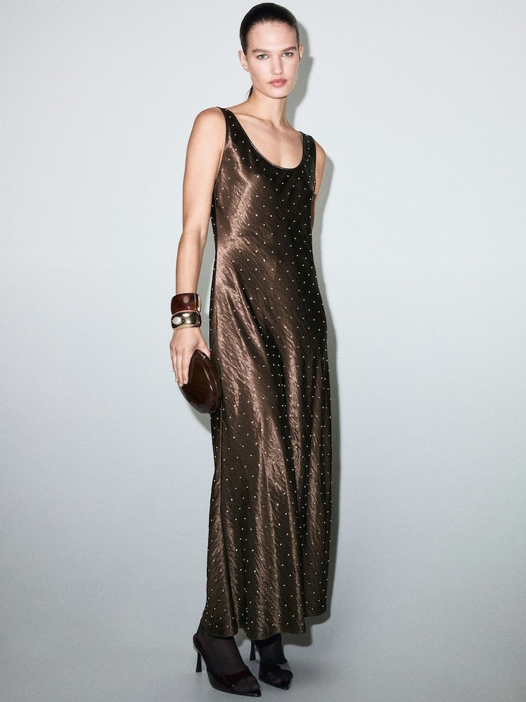 Mango Brown Emellished Detailed Fit & Flare Dress - Image 1 of 6 Mango Brown Emellished Detailed Fit & Flare Dress - Image 1 of 6