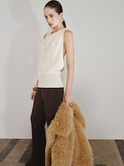 Mango Cream Drape Neck Gold Detailed Back Blouse - Image 2 of 7