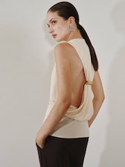 Mango Cream Drape Neck Gold Detailed Back Blouse - Image 3 of 7