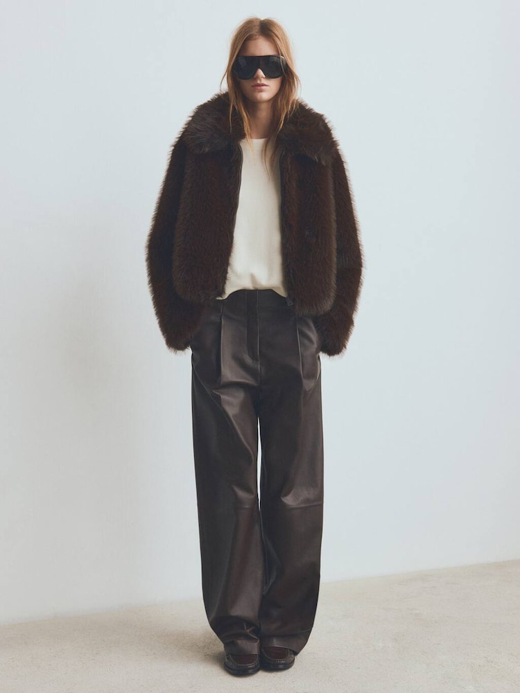 Mango Brown Fur Effect Jacket With Lapels - Image 1 of 6