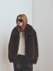 Mango Brown Fur Effect Jacket With Lapels - Image 3 of 6