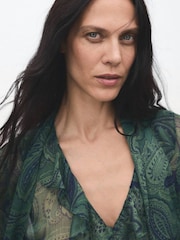 Mango Green Paisley Printed Sheer Ruffle Neck Tie Blouse - Image 4 of 6