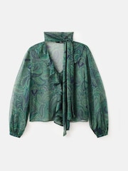 Mango Green Paisley Printed Sheer Ruffle Neck Tie Blouse - Image 6 of 6