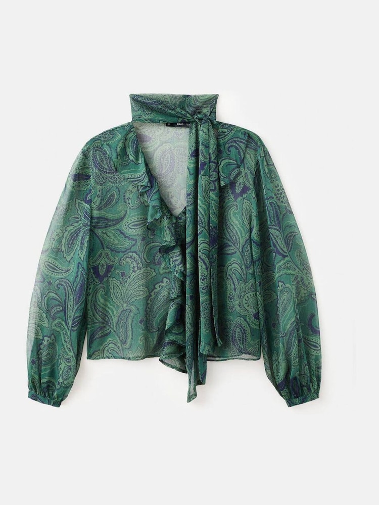 Mango Green Paisley Printed Sheer Ruffle Neck Tie Blouse - Image 6 of 6