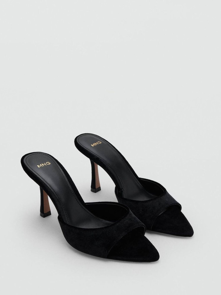 Mango Black Pointed Velvet Effect Heeled Sandals - Image 2 of 3 Mango Black Pointed Velvet Effect Heeled Sandals - Image 2 of 3