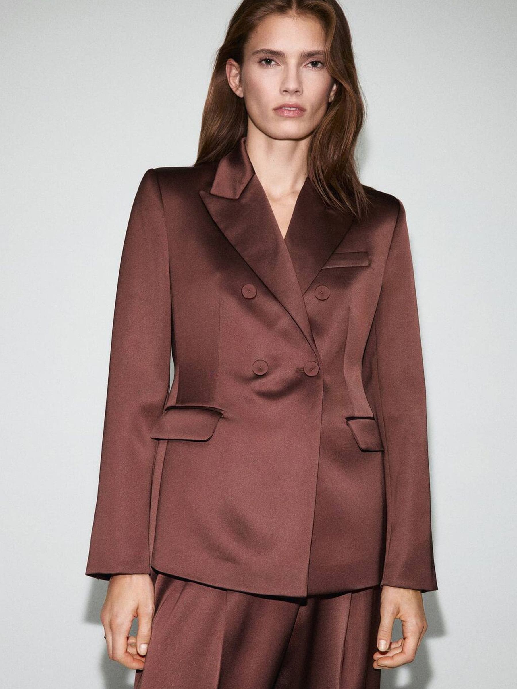 Buy Mango Brown Lapel Double Breasted Satin Blazer from the Next