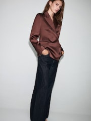 Mango Brown Lapel Double Breasted Satin Blazer - Image 2 of 7