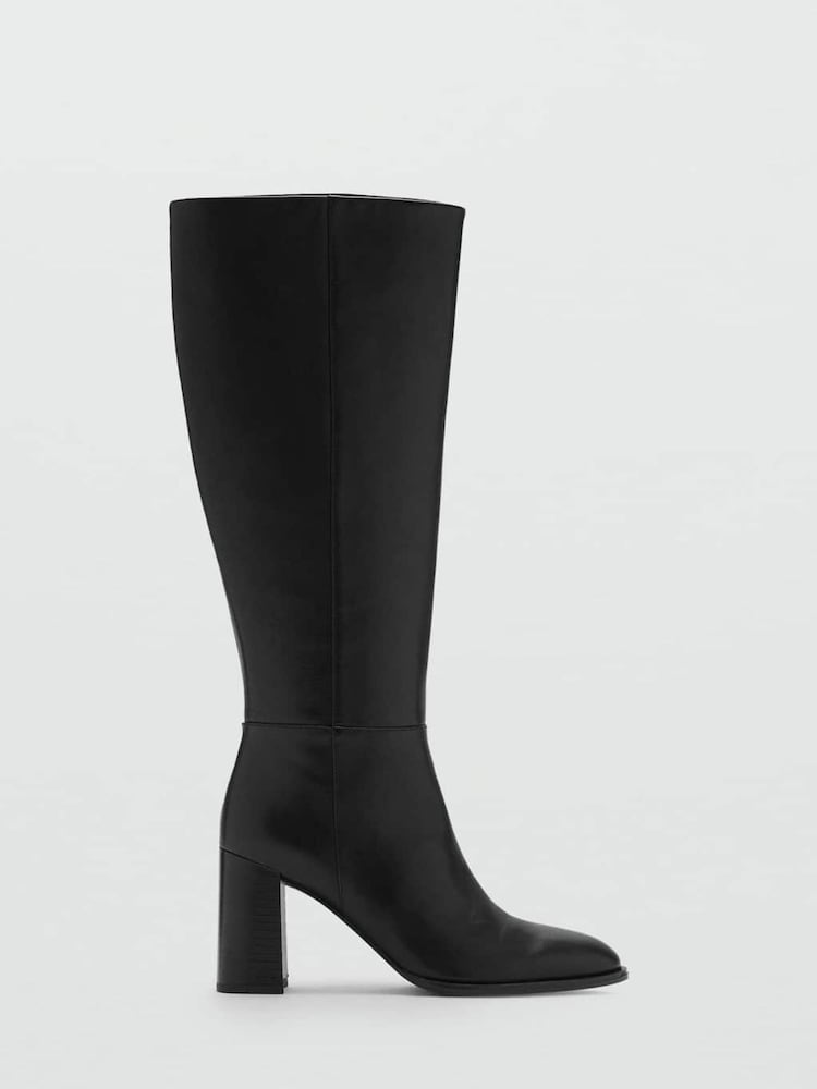 Mango Black Knee High Leather Block Heel Boots - Image 1 of 4 Mango Black Knee High Leather Block Heel Boots - Image 1 of 4
