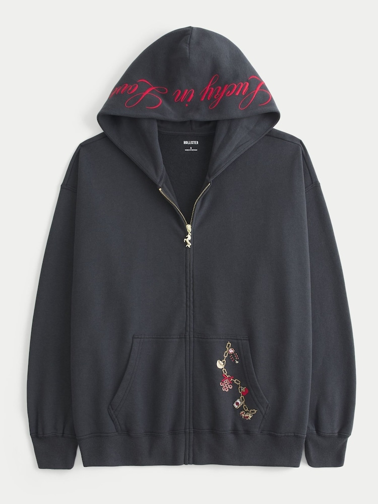 Hollister Graphic Boyfriend Full Zip Black Hoodie - Image 1 of 3
