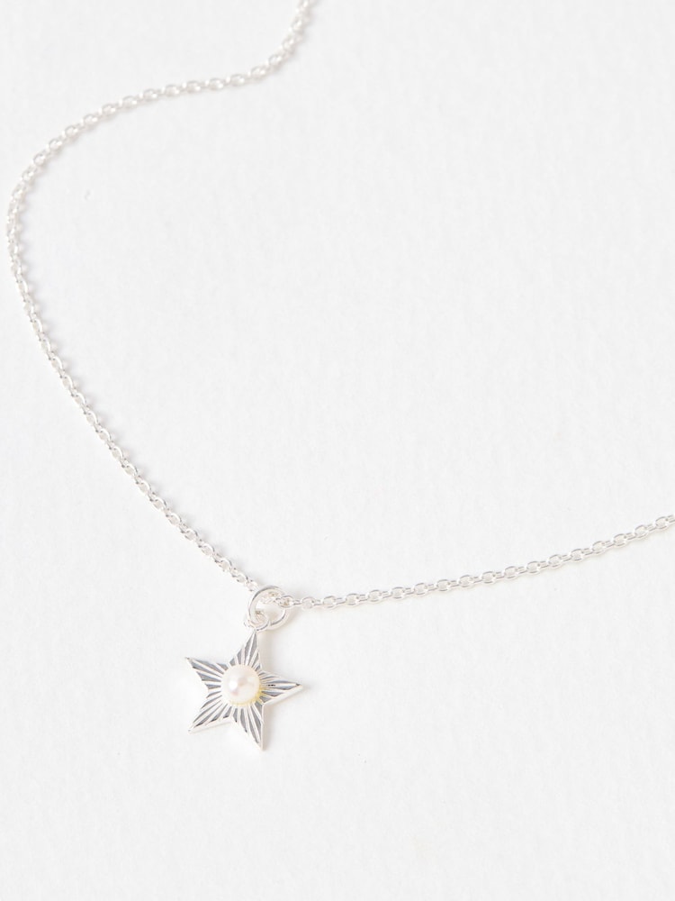 Oliver Bonas Silver Tone Arista Engraved Star Charm with Pearl Inlay Pendant Necklace - Image 1 of 4