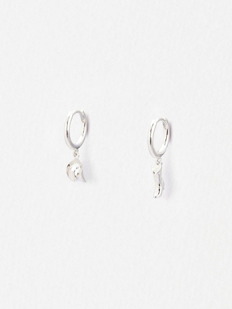 Oliver Bonas Silver Tone Dakota Cowboy Hat & Boot Charm Mismatched Hoop Drop Earrings - Image 1 of 5 Oliver Bonas Silver Tone Dakota Cowboy Hat & Boot Charm Mismatched Hoop Drop Earrings - Image 1 of 5