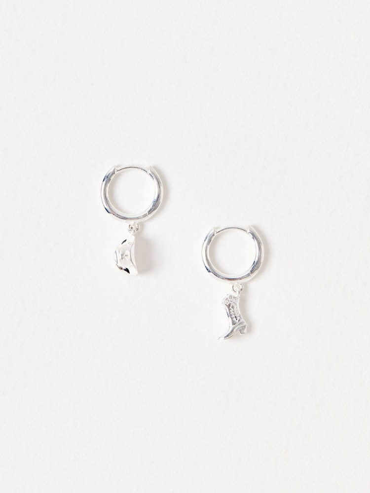Oliver Bonas Silver Tone Dakota Cowboy Hat & Boot Charm Mismatched Hoop Drop Earrings - Image 2 of 5 Oliver Bonas Silver Tone Dakota Cowboy Hat & Boot Charm Mismatched Hoop Drop Earrings - Image 2 of 5