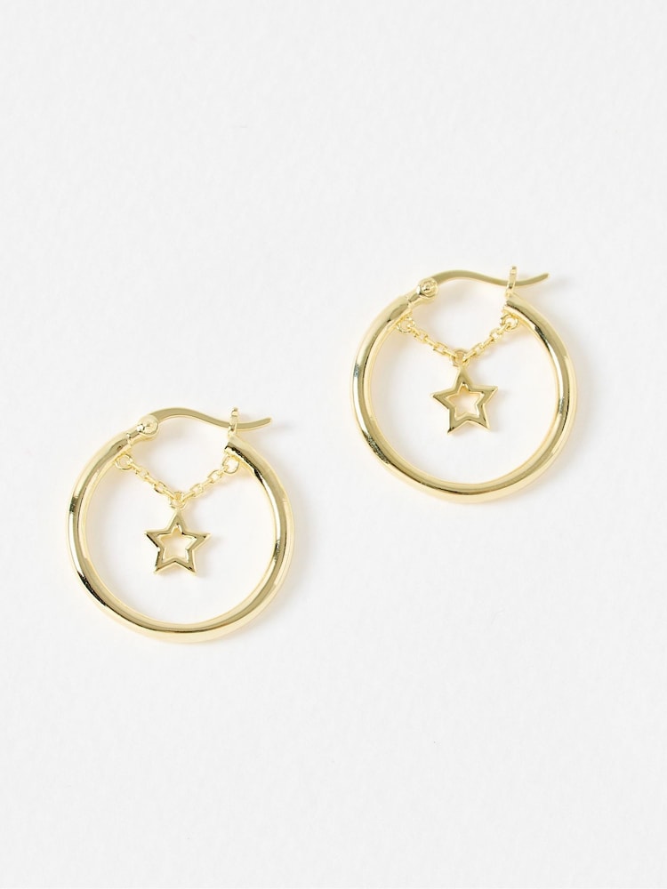 Oliver Bonas Gold Tone Ashi Star Charm & Chain Hoop Earrings - Image 1 of 4