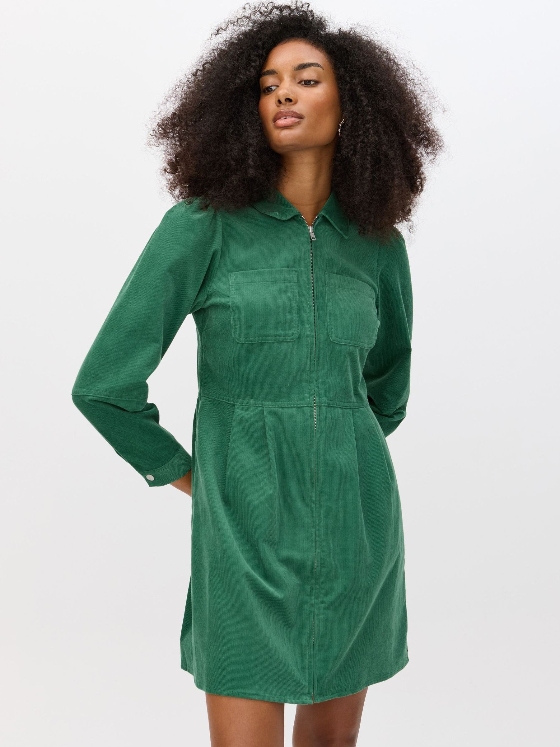 Buy Oliver Bonas Green Corduroy Zip Up Mini Shirt Dress from the