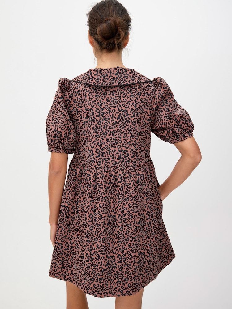 Oliver Bonas Brown Animal Print Puff Sleeve Collared Mini Dress - Image 2 of 8 Oliver Bonas Brown Animal Print Puff Sleeve Collared Mini Dress - Image 2 of 8