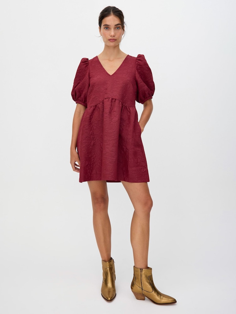 Oliver Bonas Red Floral Jacquard V-Neck Puff Sleeve Mini Dress - Image 1 of 7 Oliver Bonas Red Floral Jacquard V-Neck Puff Sleeve Mini Dress - Image 1 of 7
