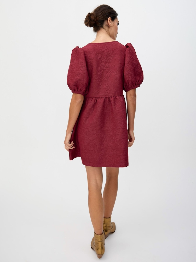 Oliver Bonas Red Floral Jacquard V-Neck Puff Sleeve Mini Dress - Image 2 of 7 Oliver Bonas Red Floral Jacquard V-Neck Puff Sleeve Mini Dress - Image 2 of 7