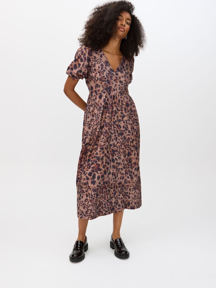 Oliver Bonas Brown Animal Print V-Neck Puff Sleeve Midi Dress - Image 1 of 8 Oliver Bonas Brown Animal Print V-Neck Puff Sleeve Midi Dress - Image 1 of 8