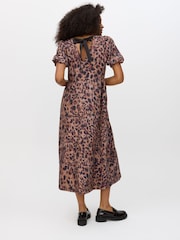 Oliver Bonas Brown Animal Print V-Neck Puff Sleeve Midi Dress - Image 2 of 8