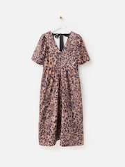 Oliver Bonas Brown Animal Print V-Neck Puff Sleeve Midi Dress - Image 3 of 8