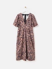 Oliver Bonas Brown Animal Print V-Neck Puff Sleeve Midi Dress - Image 4 of 8