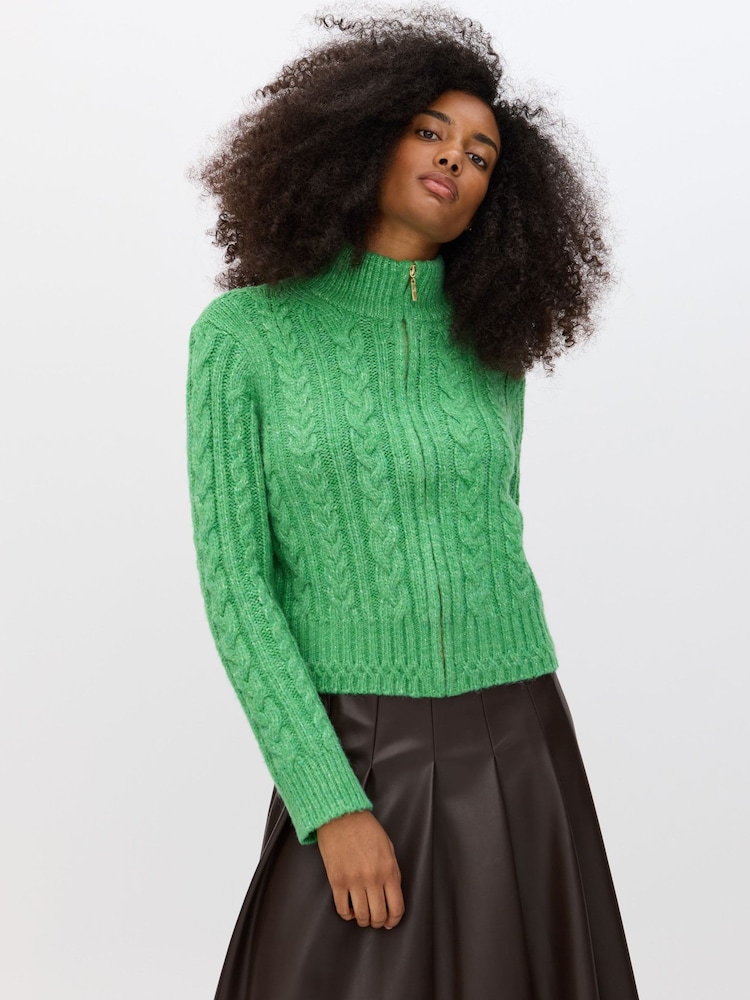 Oliver Bonas Green Cable Knit  Zip Up Knitted Bomber Jacket - Image 2 of 8