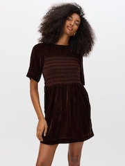 Oliver Bonas Brown Velvet Shirred T-Shirt Mini Dress - Image 1 of 8