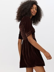 Oliver Bonas Brown Velvet Shirred T-Shirt Mini Dress - Image 2 of 8